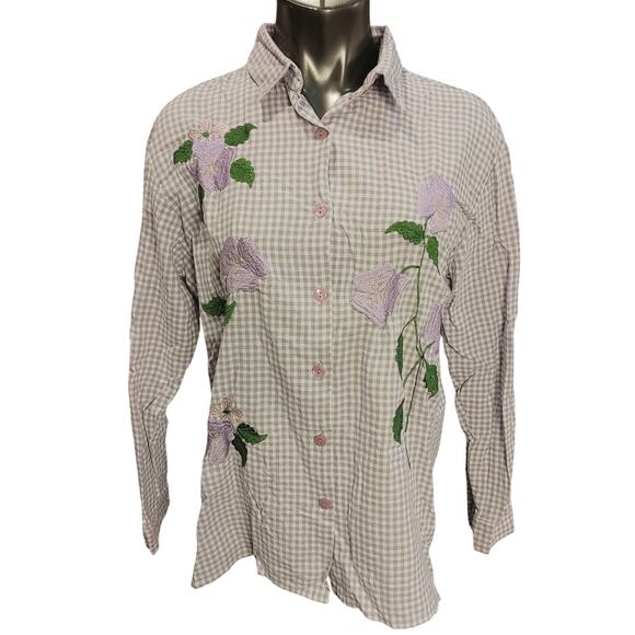 VTG BFA Classics Women's L Purple/White Plaid Embroidered Floral Bttn Down Shirt - Picture 1 of 3